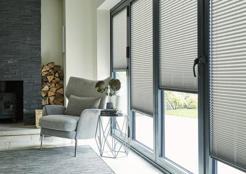Arena grey pleated blinds on living room windows