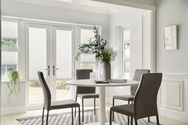 Arena plain white hive blinds on French doors