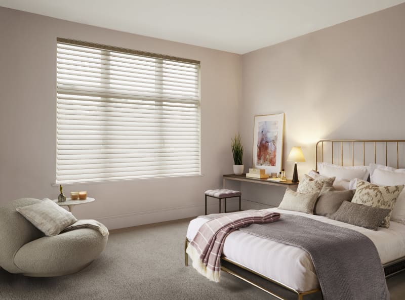 Arena Beacon Fawn triple shade sheer blinds in a bedroom