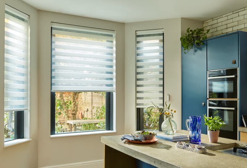 Arena Lambent White day and night sheer blinds in a kitchen