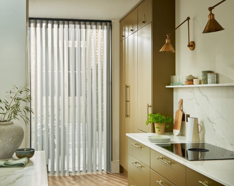 Arena Splendour Light Grey sheer vertical blind in a kitchen