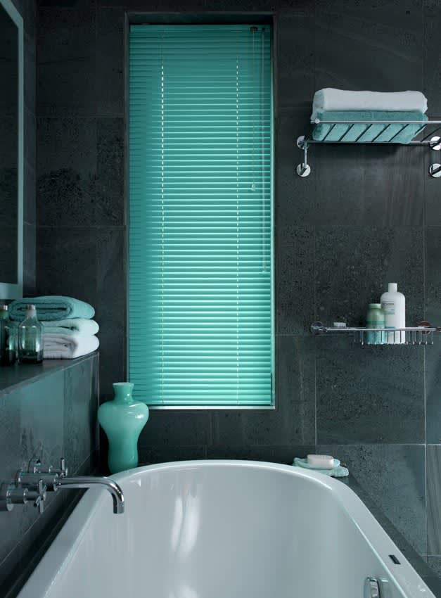 Arena Electric Aqua aluminium Venetian blind in a bathroom