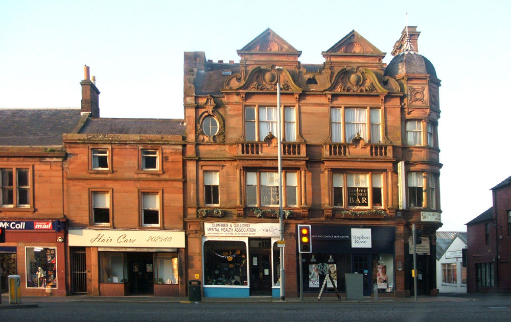 Red sandstone buildings lining Annan High Street, Dumfries & Galloway
