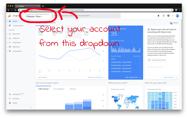 Screenshot of how to select account in Google Analytics dashboard/