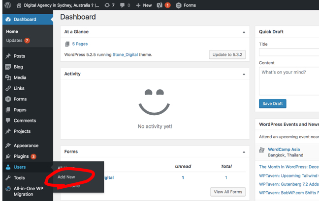 Screenshot of WordPress Dashboard adding a new user.