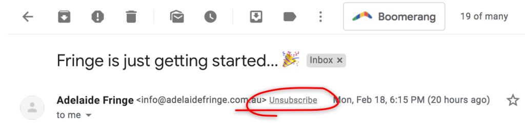 This image shows the unsubscribe button in an email shown in gmail.