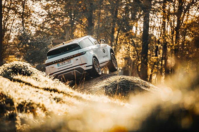 L'arrière d'un Range Rover blanc roulant sur une route accidentée dans les bois.