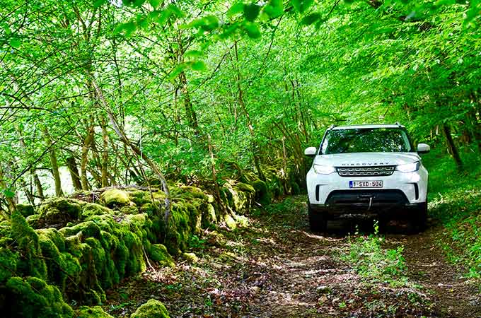 Un Discovery blanc roulant sur une route feuillue dans les bois.