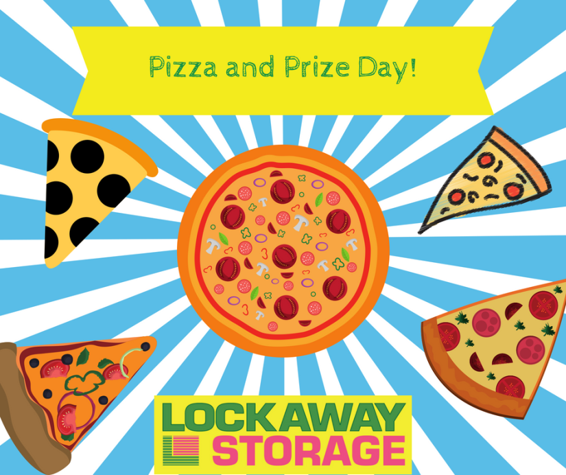 A graphic advertising pizza and prize day.