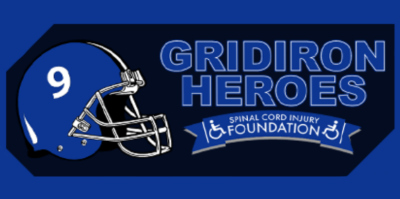 A blue banner advertising Gridiron Heroes with a matching blue No.9 football helmet.