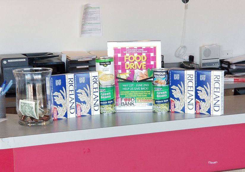 A row of donations for the Lockaway Storage food drive.