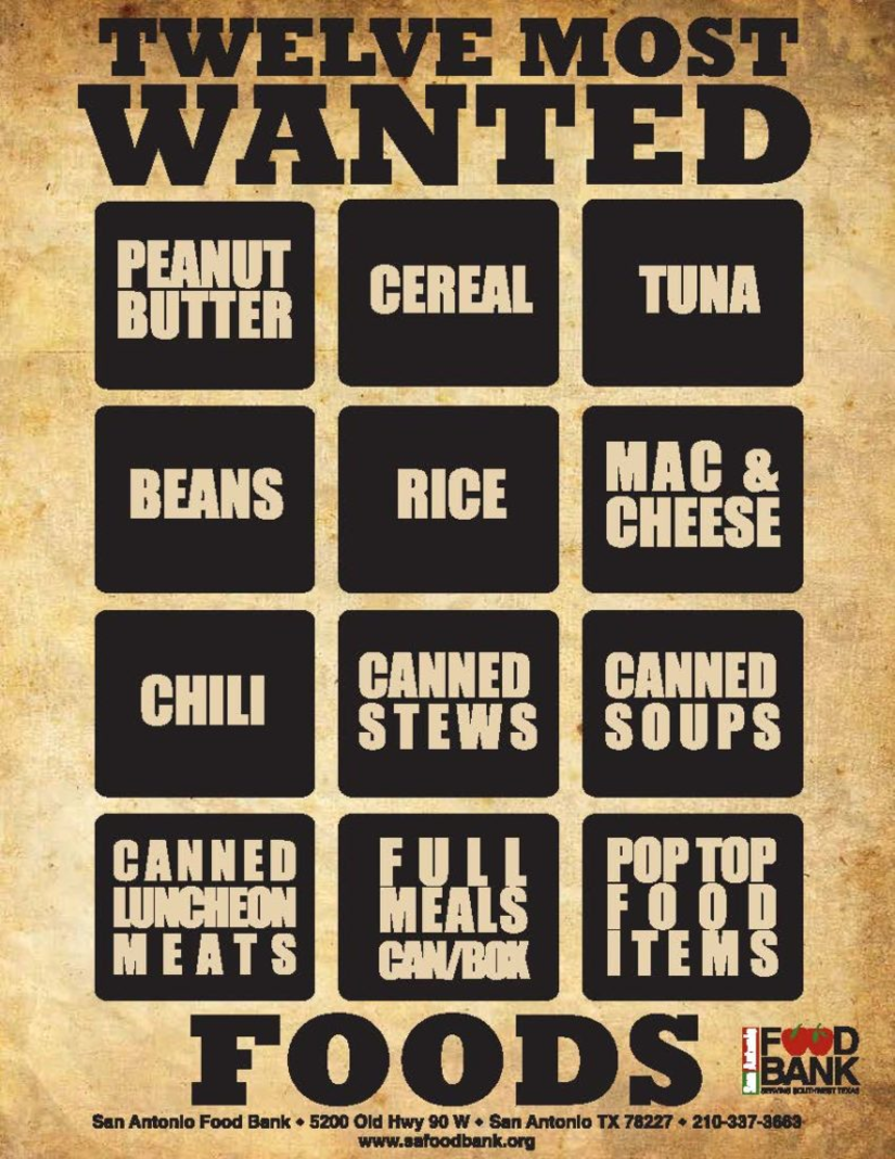 A Wanted poster listing foods for the food drive.