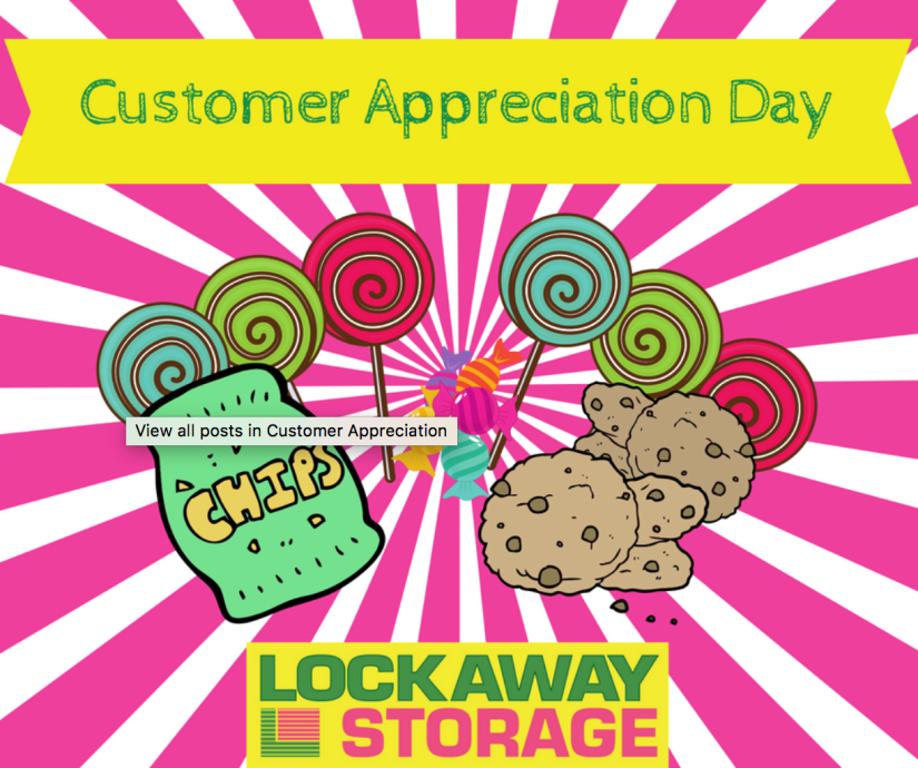 A graphic with images of snacks and treats, advertising Customer Appreciation Day.