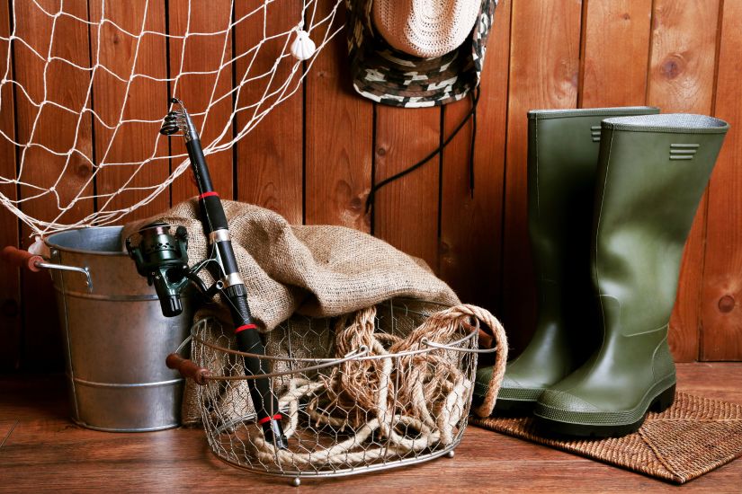 A collection of hobby gear, including a net and rubber boots.