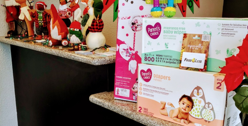 Gifts for an El Cajon mom, including a Food4Less gift card and diapers.