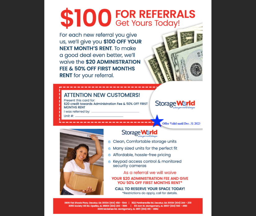 For Each New Referral You Give Us, We'll Give You $100 Off Your Next Month's Rent. To Make A Good Deal Even Better, We'll Waive The $20 Administration Fee And 50% First Month's Rent For Your Referral.