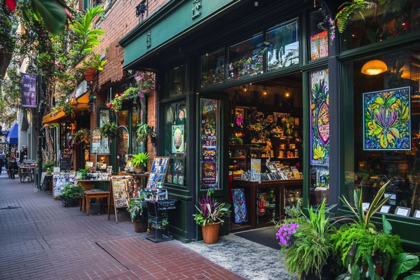 Street with a fun shop with plants outside