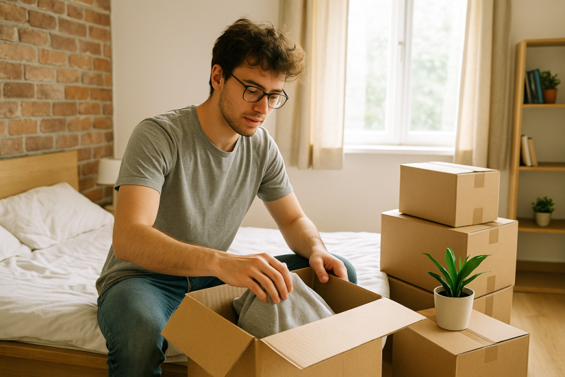 The image shows a college students unpacking after a move.