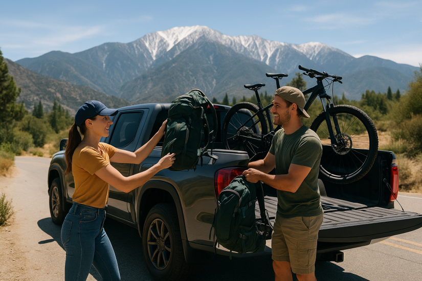 Weekend warriors in San Bernardino unloading backpacks and bikes from a truck with mountains in the background.