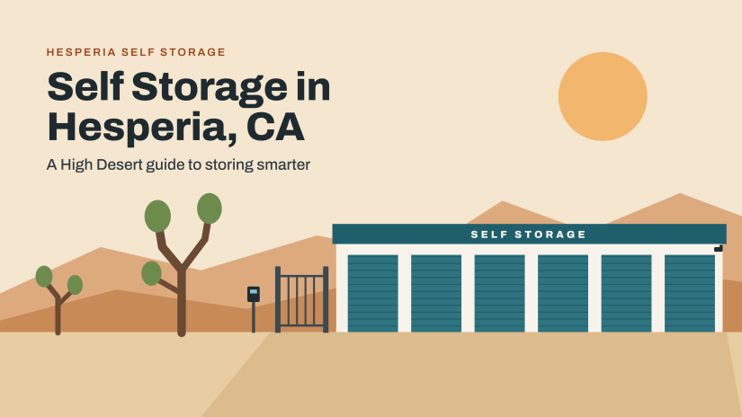 Illustration of Hesperia Self Storage’s drive-up storage units with teal roll-up doors and a gated keypad entrance, set against High Desert mountains and Joshua trees, with the headline “Self Storage in Hesperia, CA.”