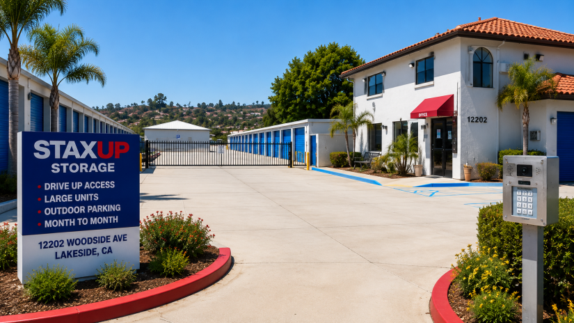 Large drive-up storage units at StaxUP Storage on Woodside Ave in Lakeside CA with outdoor parking spaces for vehicles and oversized items