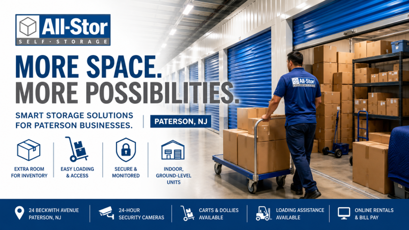 All-Stor Self Storage in Paterson, NJ, offering commercial storage with ground-level units, secure access, and convenient loading for business inventory.