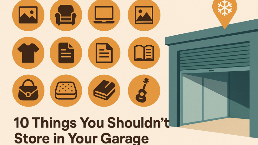 Infographic showing items that should not be stored in a garage, with icons for photos, furniture, electronics, clothing, documents, artwork, leather, mattresses, books, and musical instruments.