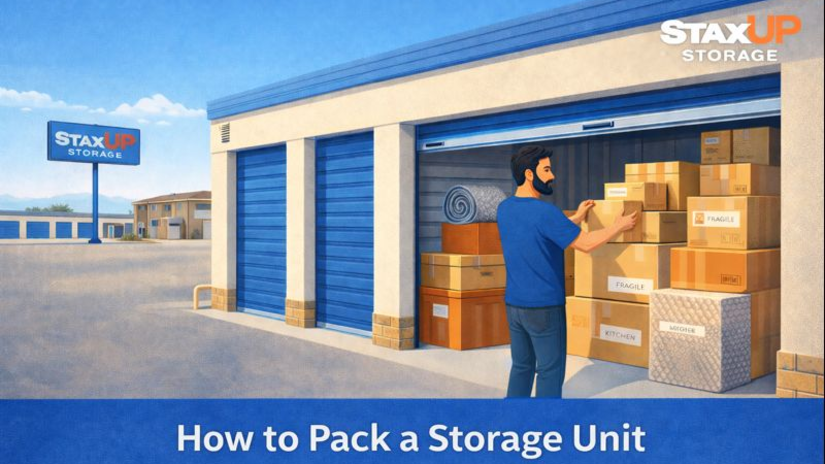 Illustration of StaxUP Storage Escondido with a man organizing boxes inside a blue storage unit.