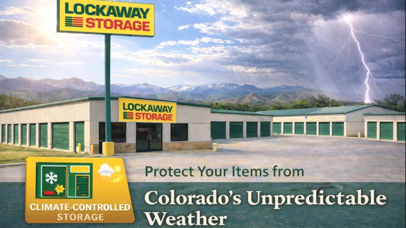 Lockaway Storage Johnstown with sun and storm graphics promoting protection from Colorado’s unpredictable weather.