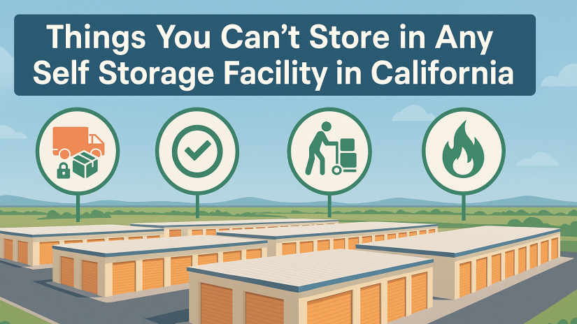 Wide aerial view of a California self-storage facility with rows of drive-up storage units, bright doors, wide concrete aisles, and surrounding open landscape, styled as an infographic header for “Things You Can’t Store in Any Self Storage Facility in California.”