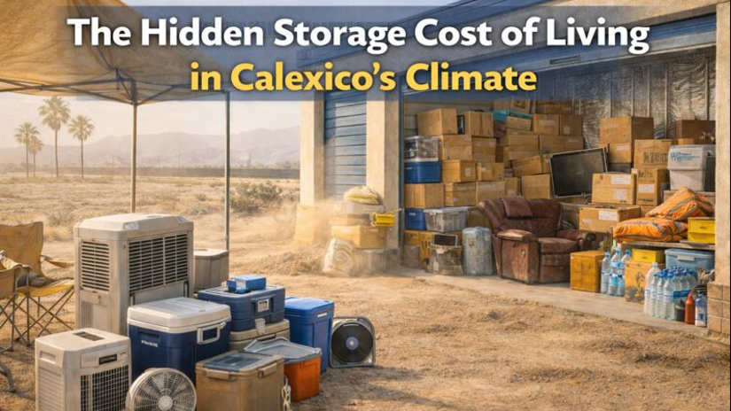 Realistic desert-side storage unit in Calexico with boxes, cooling gear, and supplies showing the hidden storage costs of extreme heat.
