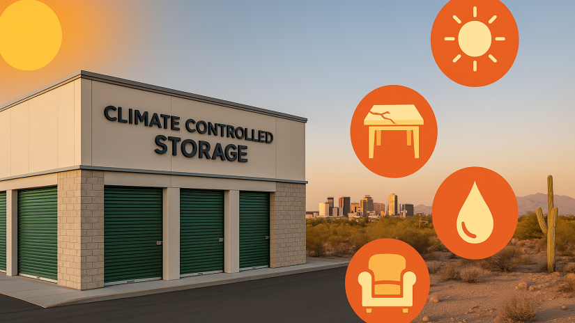 Realistic photo of a climate-controlled storage facility in Phoenix at sunset, with green roll-up doors, desert landscape, a bright sun, and icons representing heat damage, cracking wood, moisture, and furniture protection.