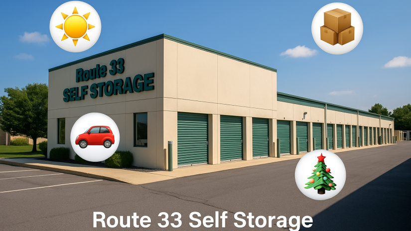 Realistic photo of Route 33 Self Storage with beige walls and green doors, featuring floating circular emoji icons—a sun, cardboard boxes, a red car, and a Christmas tree—representing seasonal storage needs.