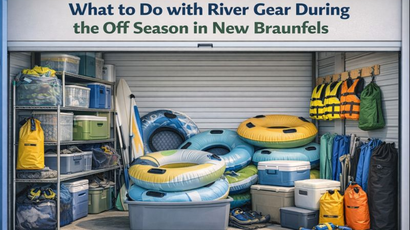 Neatly organized river gear stored in a New Braunfels storage unit, including tubes, coolers, life jackets, and outdoor accessories.