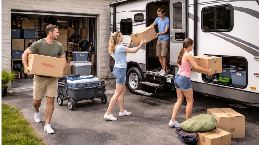 The image shows a family packing boxes into an RV.
