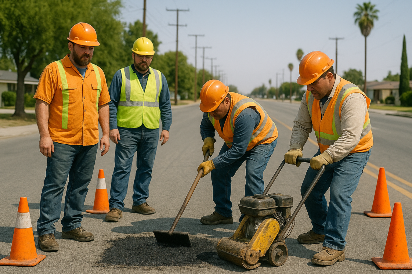The image shows a group of road workers fixing a pothole using power tools in Bakersfield California.