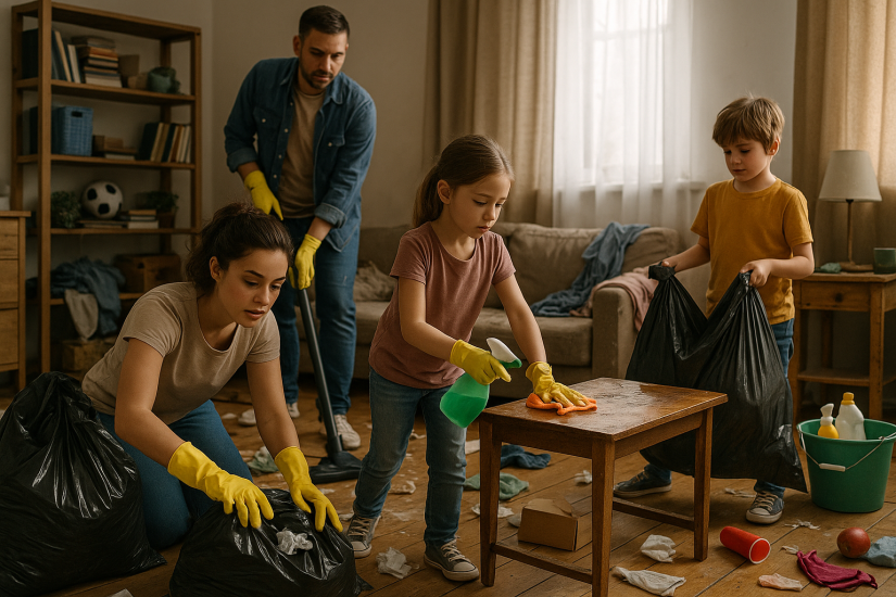 This image shows a family cleaning up a cluttered living room.