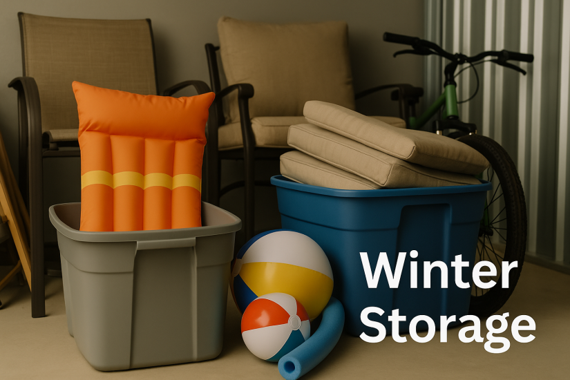 Plastic bins with summer gear labeled for winter storage.