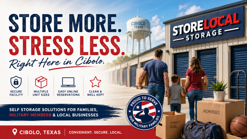 Modern promotional banner for StoreLocal Storage Cibolo in Cibolo, Texas featuring a clean self-storage facility, a family carrying moving boxes, military-friendly messaging, secure storage icons, and bold text highlighting convenient, secure, and flexible storage solutions for local residents, businesses, and military families.