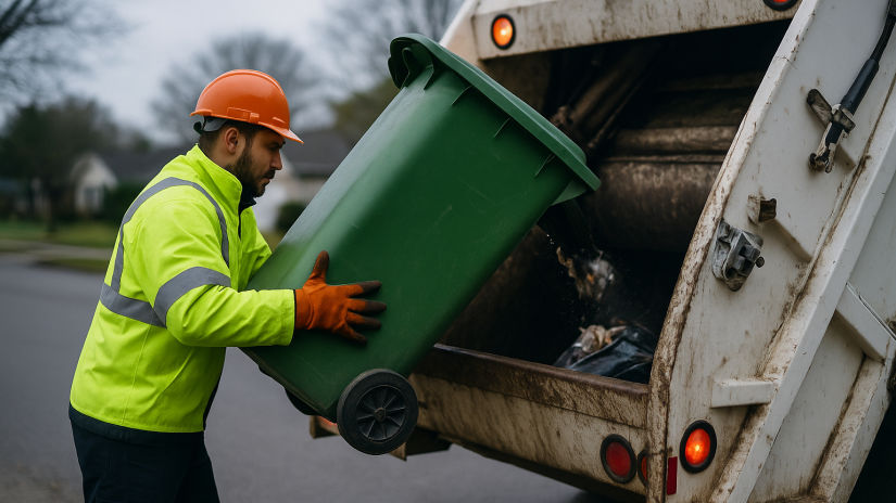 The image shows a sanitation worker dumping a trash can into a garbage truck.