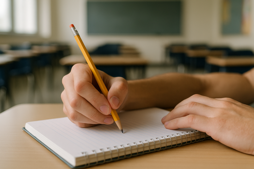 The image shows a student writing in a notebook.