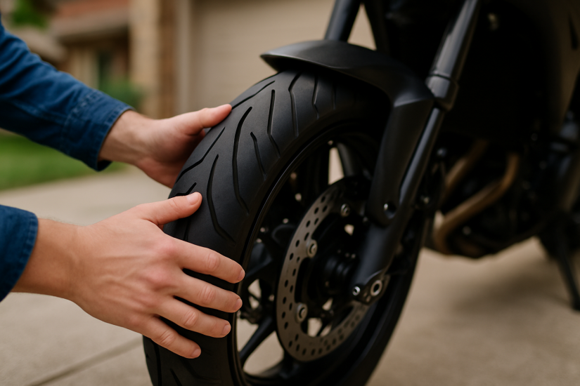 The image shows a motorcycle owner testing the wheel on their bike.