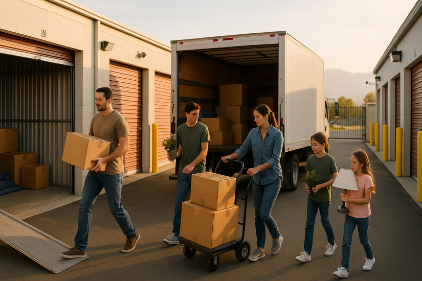The image shows a family unloading a moving truck at a self storage facility.