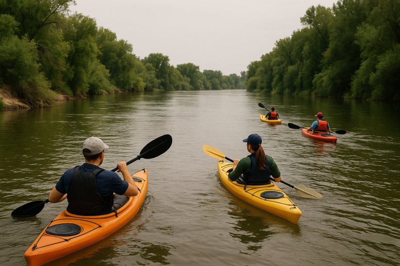 The image shows a group of people kayaking down the San Joaquin River.