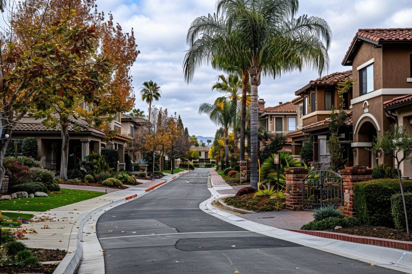 Image of a clean residential street with homes and palm trees