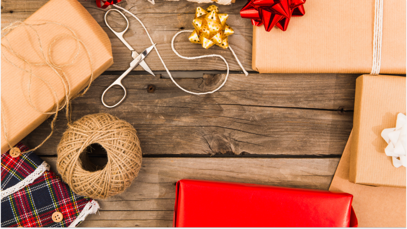 Christmas present gifts on wooden table