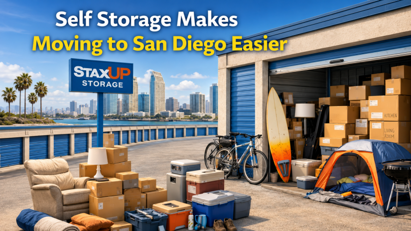 Realistic photo of a StaxUP Storage unit with moving boxes, bikes, and outdoor gear in front, with the San Diego skyline in the background.