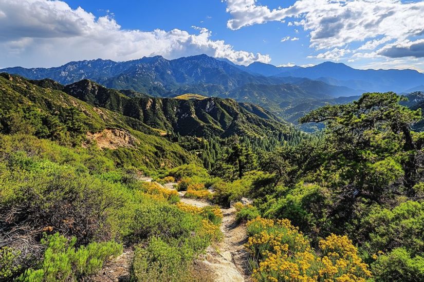 Scenic mountain landscape near Alhambra with green hills, hiking trails, and San Gabriel Mountains vista