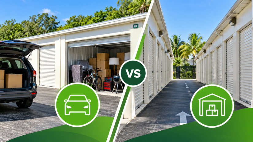 Drive-up and indoor storage units in Vero Beach with vehicle access and storage icons.