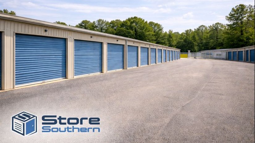Drive-up storage units with blue doors at StoreSouthern, featuring wide drive aisles and a clean, well-maintained facility
